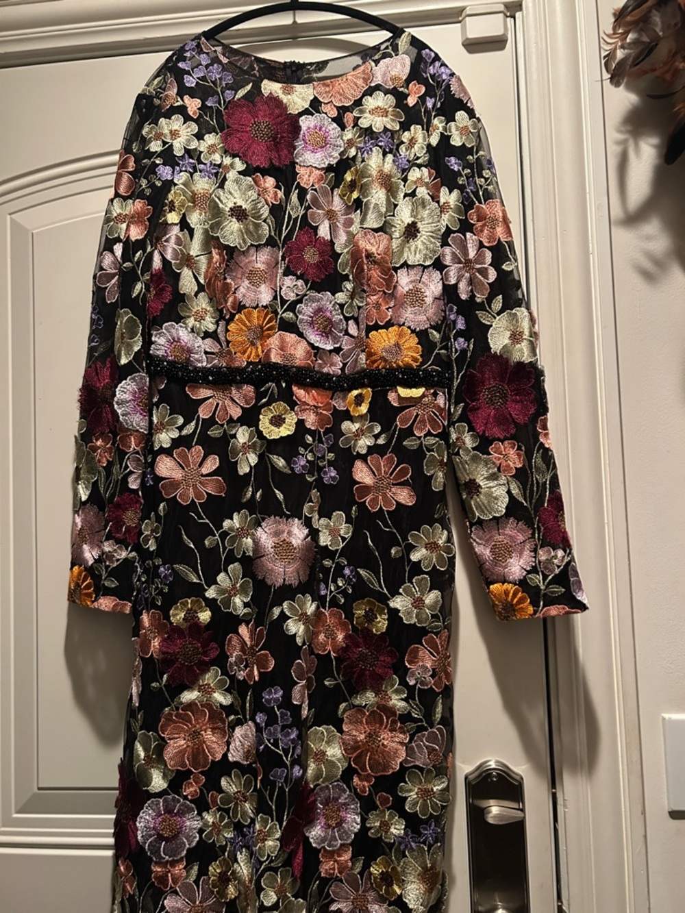 Mac Duggal Black Midi Dress with Multicolor Floral Embroidery